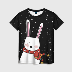 Женская футболка 3D с принтом Кролик символ 2023 года в Екатеринбурге, 100% полиэфир ( синтетическое хлопкоподобное полотно) | прямой крой, круглый вырез горловины, длина до линии бедер | 
