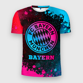 Мужская футболка 3D Slim с принтом Bayern   neon gradient в Тюмени, 100% полиэстер с улучшенными характеристиками | приталенный силуэт, круглая горловина, широкие плечи, сужается к линии бедра | 