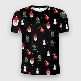 Мужская футболка 3D Slim с принтом Новогодний узор с крутым дедом в Екатеринбурге, 100% полиэстер с улучшенными характеристиками | приталенный силуэт, круглая горловина, широкие плечи, сужается к линии бедра | 