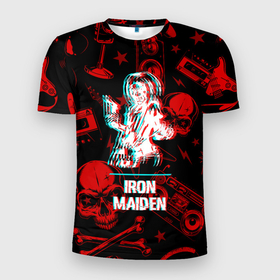 Мужская футболка 3D Slim с принтом Iron Maiden rock glitch в Екатеринбурге, 100% полиэстер с улучшенными характеристиками | приталенный силуэт, круглая горловина, широкие плечи, сужается к линии бедра | 