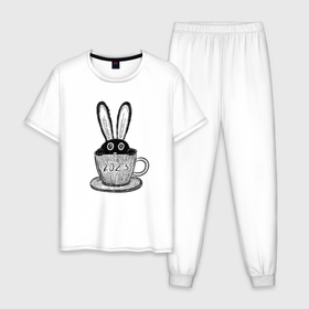 Мужская пижама хлопок с принтом Чёрный кролик в чайной чашке , 100% хлопок | брюки и футболка прямого кроя, без карманов, на брюках мягкая резинка на поясе и по низу штанин
 | Тематика изображения на принте: 