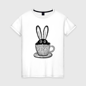 Женская футболка хлопок с принтом Чёрный кролик в чайной чашке в Курске, 100% хлопок | прямой крой, круглый вырез горловины, длина до линии бедер, слегка спущенное плечо | 
