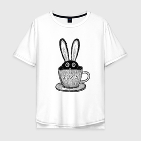 Мужская футболка хлопок Oversize с принтом Чёрный кролик в чайной чашке , 100% хлопок | свободный крой, круглый ворот, “спинка” длиннее передней части | Тематика изображения на принте: 