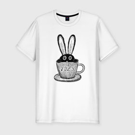 Мужская футболка хлопок Slim с принтом Чёрный кролик в чайной чашке в Екатеринбурге, 92% хлопок, 8% лайкра | приталенный силуэт, круглый вырез ворота, длина до линии бедра, короткий рукав | 