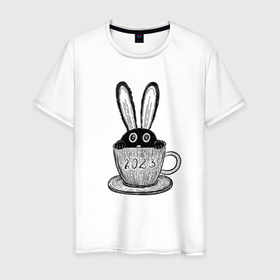 Мужская футболка хлопок с принтом Чёрный кролик в чайной чашке , 100% хлопок | прямой крой, круглый вырез горловины, длина до линии бедер, слегка спущенное плечо. | Тематика изображения на принте: 