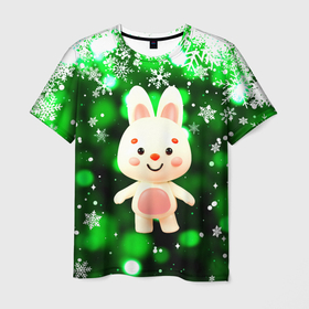 Мужская футболка 3D с принтом Снегопад и кролик , 100% полиэфир | прямой крой, круглый вырез горловины, длина до линии бедер | 