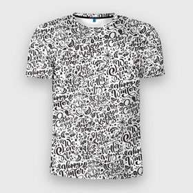 Мужская футболка 3D Slim с принтом Новогодний узор леттеринг надписи в Екатеринбурге, 100% полиэстер с улучшенными характеристиками | приталенный силуэт, круглая горловина, широкие плечи, сужается к линии бедра | 