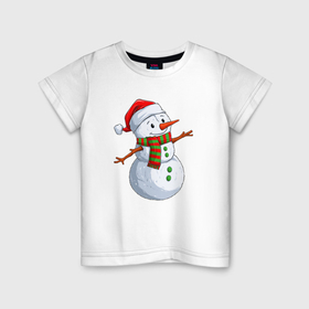 Детская футболка хлопок с принтом Снеговик в новогоднем колпаке в Кировске, 100% хлопок | круглый вырез горловины, полуприлегающий силуэт, длина до линии бедер | Тематика изображения на принте: 