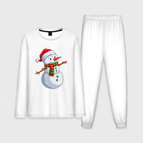 Мужская пижама хлопок (с лонгсливом) с принтом Снеговик в новогоднем колпаке в Курске,  |  | 
