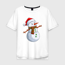 Мужская футболка хлопок Oversize с принтом Снеговик в новогоднем колпаке в Новосибирске, 100% хлопок | свободный крой, круглый ворот, “спинка” длиннее передней части | 