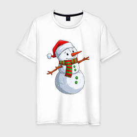 Мужская футболка хлопок с принтом Снеговик в новогоднем колпаке в Тюмени, 100% хлопок | прямой крой, круглый вырез горловины, длина до линии бедер, слегка спущенное плечо. | 