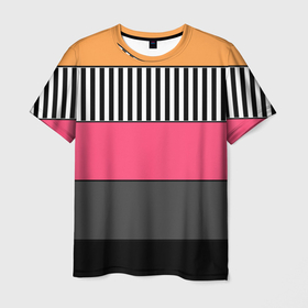 Мужская футболка 3D с принтом Полосатый узор желтые розовые черные полосы в Тюмени, 100% полиэфир | прямой крой, круглый вырез горловины, длина до линии бедер | 