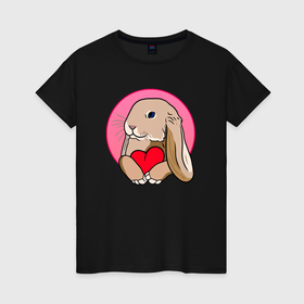 Женская футболка хлопок с принтом Кролик с красным сердечком в Новосибирске, 100% хлопок | прямой крой, круглый вырез горловины, длина до линии бедер, слегка спущенное плечо | 