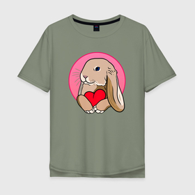 Мужская футболка хлопок Oversize с принтом Кролик с красным сердечком в Петрозаводске, 100% хлопок | свободный крой, круглый ворот, “спинка” длиннее передней части | 