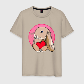 Мужская футболка хлопок с принтом Кролик с красным сердечком в Петрозаводске, 100% хлопок | прямой крой, круглый вырез горловины, длина до линии бедер, слегка спущенное плечо. | 