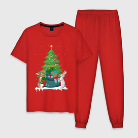 Мужская пижама хлопок с принтом Кролики елка и мешок подарков , 100% хлопок | брюки и футболка прямого кроя, без карманов, на брюках мягкая резинка на поясе и по низу штанин
 | 