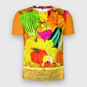 Мужская футболка 3D Slim с принтом Плетеная корзина, полная фруктов и овощей в Новосибирске, 100% полиэстер с улучшенными характеристиками | приталенный силуэт, круглая горловина, широкие плечи, сужается к линии бедра | 