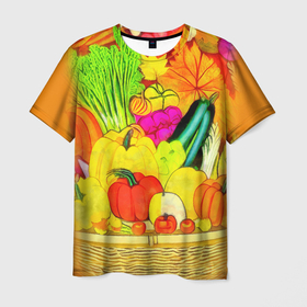 Мужская футболка 3D с принтом Плетеная корзина, полная фруктов и овощей , 100% полиэфир | прямой крой, круглый вырез горловины, длина до линии бедер | 