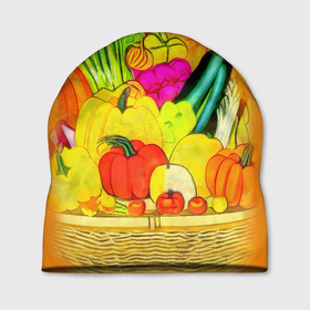 Шапка 3D с принтом Плетеная корзина, полная фруктов и овощей в Тюмени, 100% полиэстер | универсальный размер, печать по всей поверхности изделия | 