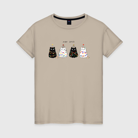 Женская футболка хлопок с принтом Коты в гирлянде в Тюмени, 100% хлопок | прямой крой, круглый вырез горловины, длина до линии бедер, слегка спущенное плечо | Тематика изображения на принте: 