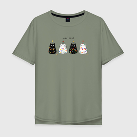 Мужская футболка хлопок Oversize с принтом Коты в гирлянде в Тюмени, 100% хлопок | свободный крой, круглый ворот, “спинка” длиннее передней части | Тематика изображения на принте: 