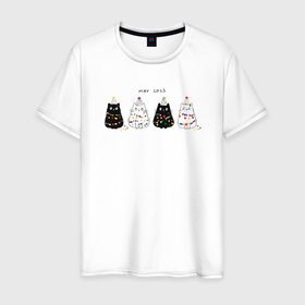 Мужская футболка хлопок с принтом Коты в гирлянде в Кировске, 100% хлопок | прямой крой, круглый вырез горловины, длина до линии бедер, слегка спущенное плечо. | 