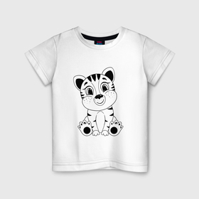 Детская футболка хлопок с принтом Тигренок черно белый в Санкт-Петербурге, 100% хлопок | круглый вырез горловины, полуприлегающий силуэт, длина до линии бедер | 