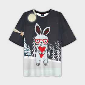 Мужская футболка OVERSIZE 3D с принтом Зайчик с сердечком в ночном лесу ,  |  | 