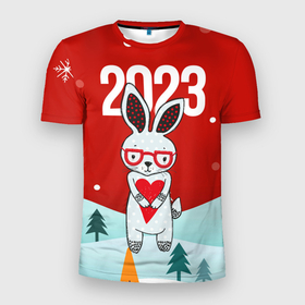 Мужская футболка 3D Slim с принтом 2023  зайчик с сердечком в Петрозаводске, 100% полиэстер с улучшенными характеристиками | приталенный силуэт, круглая горловина, широкие плечи, сужается к линии бедра | 