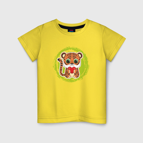 Детская футболка хлопок с принтом Мультяшный тигрёнок с сердцем в Кировске, 100% хлопок | круглый вырез горловины, полуприлегающий силуэт, длина до линии бедер | 