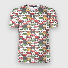 Мужская футболка 3D Slim с принтом Новогодние котики в Курске, 100% полиэстер с улучшенными характеристиками | приталенный силуэт, круглая горловина, широкие плечи, сужается к линии бедра | 