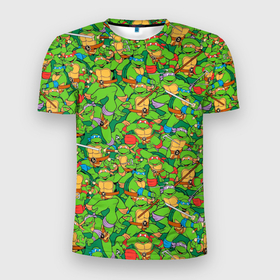 Мужская футболка 3D Slim с принтом Ninja turtles pattern в Белгороде, 100% полиэстер с улучшенными характеристиками | приталенный силуэт, круглая горловина, широкие плечи, сужается к линии бедра | Тематика изображения на принте: 