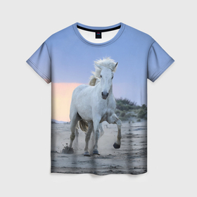 Женская футболка 3D с принтом Белый конь в Курске, 100% полиэфир ( синтетическое хлопкоподобное полотно) | прямой крой, круглый вырез горловины, длина до линии бедер | 