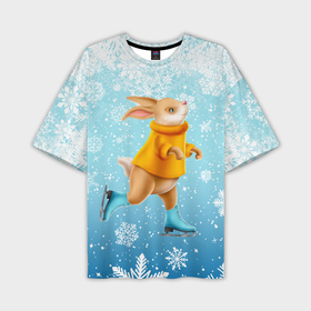 Мужская футболка OVERSIZE 3D с принтом Кролик на коньках в снегопад в Тюмени,  |  | 