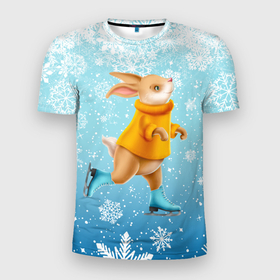 Мужская футболка 3D Slim с принтом Кролик на коньках в снегопад в Петрозаводске, 100% полиэстер с улучшенными характеристиками | приталенный силуэт, круглая горловина, широкие плечи, сужается к линии бедра | 