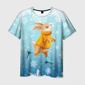 Мужская футболка 3D с принтом Кролик на коньках в снегопад , 100% полиэфир | прямой крой, круглый вырез горловины, длина до линии бедер | 