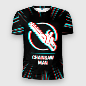 Мужская футболка 3D Slim с принтом Символ Chainsaw Man в стиле glitch на темном фоне в Курске, 100% полиэстер с улучшенными характеристиками | приталенный силуэт, круглая горловина, широкие плечи, сужается к линии бедра | 