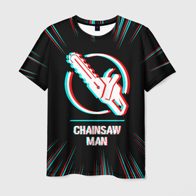 Мужская футболка 3D с принтом Символ Chainsaw Man в стиле glitch на темном фоне в Екатеринбурге, 100% полиэфир | прямой крой, круглый вырез горловины, длина до линии бедер | Тематика изображения на принте: 