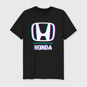 Мужская футболка хлопок Slim с принтом Значок Honda в стиле glitch в Белгороде, 92% хлопок, 8% лайкра | приталенный силуэт, круглый вырез ворота, длина до линии бедра, короткий рукав | 