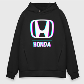 Мужское худи Oversize хлопок с принтом Значок Honda в стиле glitch , френч-терри — 70% хлопок, 30% полиэстер. Мягкий теплый начес внутри —100% хлопок | боковые карманы, эластичные манжеты и нижняя кромка, капюшон на магнитной кнопке | 