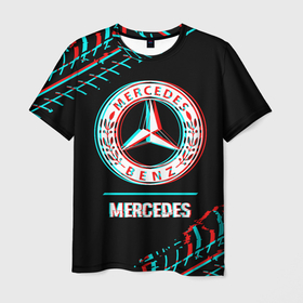 Мужская футболка 3D с принтом Значок Mercedes в стиле glitch на темном фоне , 100% полиэфир | прямой крой, круглый вырез горловины, длина до линии бедер | 