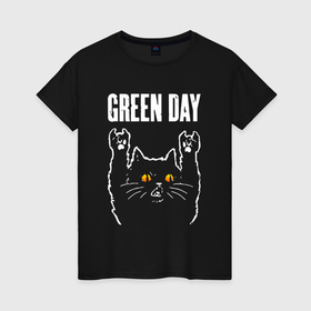 Женская футболка хлопок с принтом Green Day rock cat в Белгороде, 100% хлопок | прямой крой, круглый вырез горловины, длина до линии бедер, слегка спущенное плечо | 