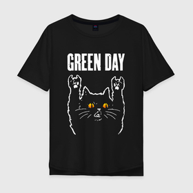 Мужская футболка хлопок Oversize с принтом Green Day rock cat в Курске, 100% хлопок | свободный крой, круглый ворот, “спинка” длиннее передней части | 