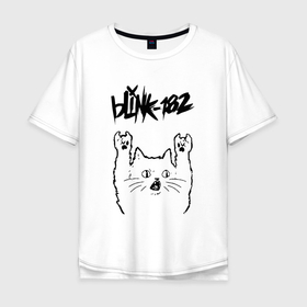 Мужская футболка хлопок Oversize с принтом Blink 182   rock cat в Кировске, 100% хлопок | свободный крой, круглый ворот, “спинка” длиннее передней части | 