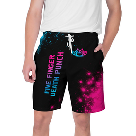 Мужские шорты 3D с принтом Five Finger Death Punch   neon gradient: надпись, символ в Курске,  полиэстер 100% | прямой крой, два кармана без застежек по бокам. Мягкая трикотажная резинка на поясе, внутри которой широкие завязки. Длина чуть выше колен | 