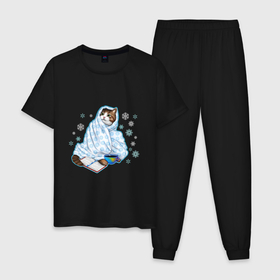 Мужская пижама хлопок с принтом Зимний кот в одеялке с книгой в Петрозаводске, 100% хлопок | брюки и футболка прямого кроя, без карманов, на брюках мягкая резинка на поясе и по низу штанин
 | 
