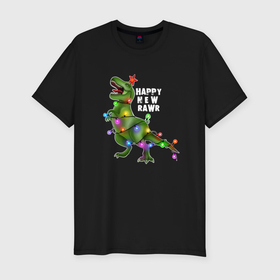 Мужская футболка хлопок Slim с принтом Новогодний динозавр елочка гори в Екатеринбурге, 92% хлопок, 8% лайкра | приталенный силуэт, круглый вырез ворота, длина до линии бедра, короткий рукав | Тематика изображения на принте: 