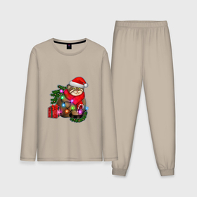 Мужская пижама хлопок (с лонгсливом) с принтом Новогодний манул с подарком в Курске,  |  | Тематика изображения на принте: 