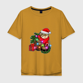 Мужская футболка хлопок Oversize с принтом Новогодний манул с подарком в Тюмени, 100% хлопок | свободный крой, круглый ворот, “спинка” длиннее передней части | 