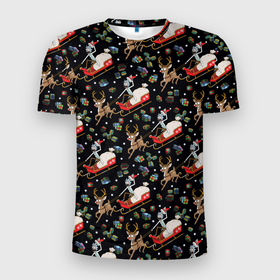 Мужская футболка 3D Slim с принтом Рик и Морти сани с оленем в Санкт-Петербурге, 100% полиэстер с улучшенными характеристиками | приталенный силуэт, круглая горловина, широкие плечи, сужается к линии бедра | Тематика изображения на принте: 